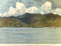 Photo # NH 95032-KN: 'Our War-ships off the Coast near Santiago de Cuba, June 3, 1898'. Colored print based on a drawing by Carlton T. Chapman